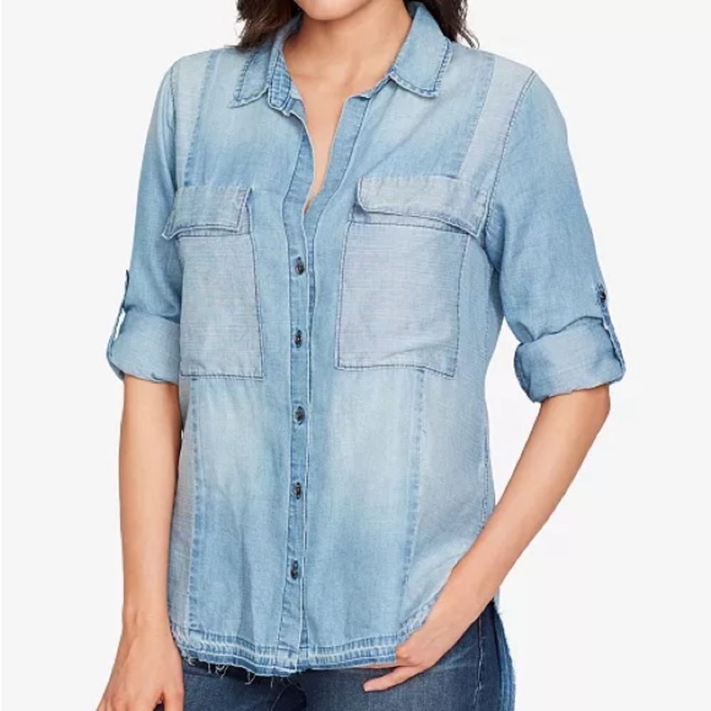 WILLIAM RAST Dalila Frayed Denim Shirt Juniors XS Rolled Sleeves Button Front